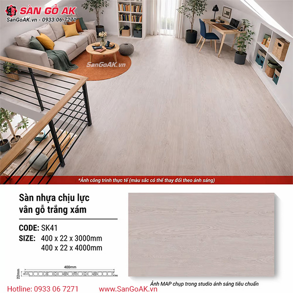 Sàn nhựa chịu lực gác lửng Kosmos SK41 vân gỗ trắng xám